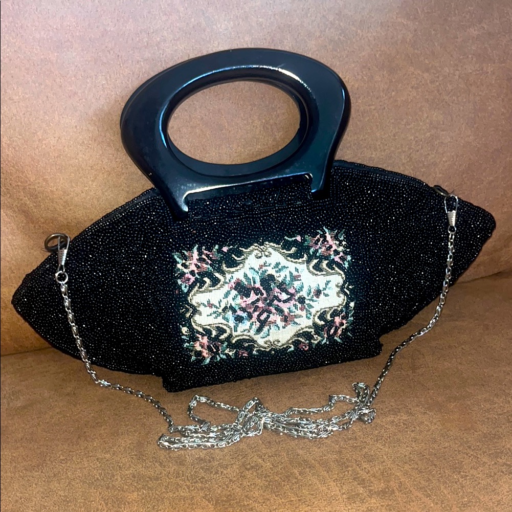 50's 60's Vintage Black Beaded Clutch Floral Accent Needlework Chain Crossbody